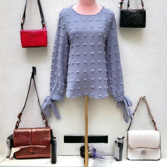 SHEIN NEW SWISS DOT SPLIT SLEEVE KNOT CUFF BLOUSE TOP POWDER BLUE PEARLS LARGE - Picture 3 of 10